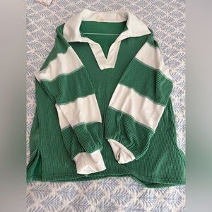 Bibi Green and White collared corded Shirt Top Sweater